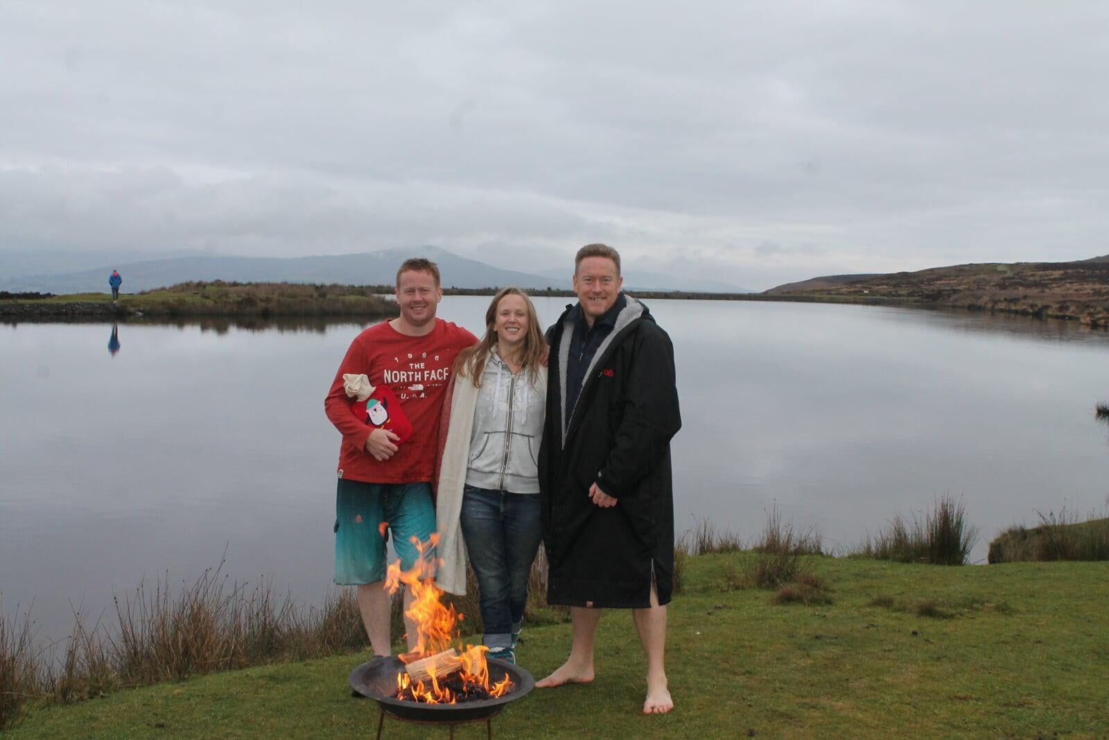 Enjoying a fire aftera  cold water swim