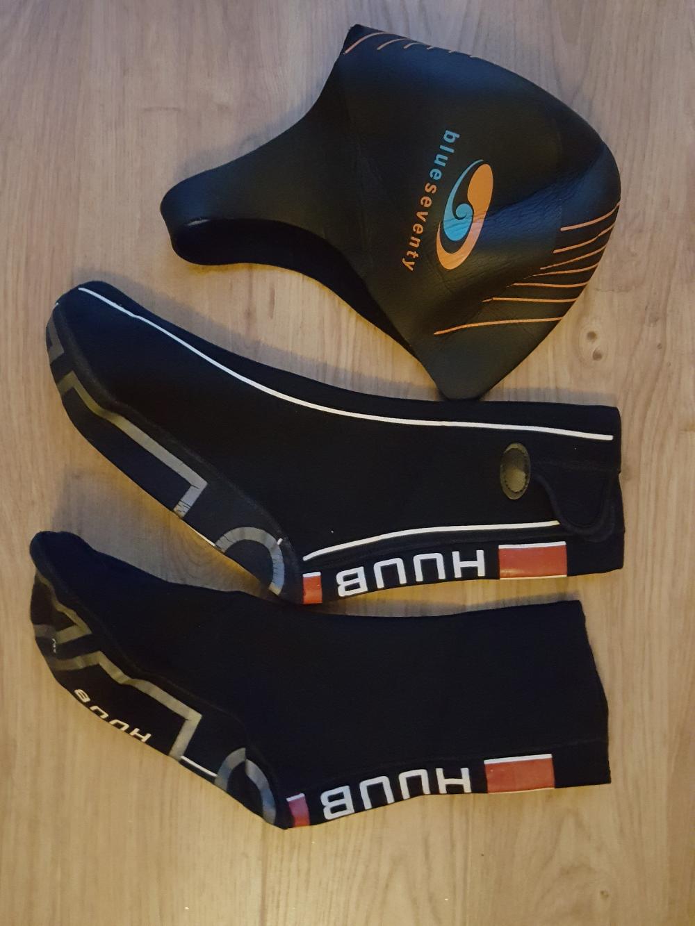 Neoprene socks and hat for sea swimming in the colder months